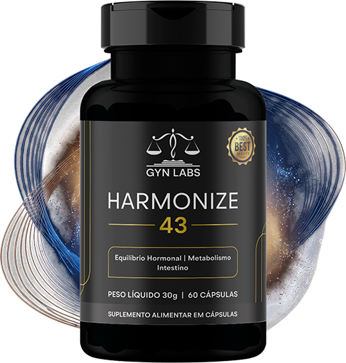 Frasco preto do suplemento Harmonize 43 em destaque com detalhes em dourado